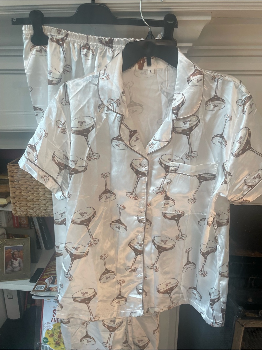PJ PARTY!!  3 piece White Satin Short-Sleeve Button-Up Shirt with Martini Print